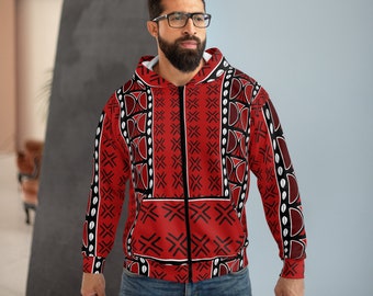 Red Mudcloth Geometric Unisex Zip Hoodie  | African Zip Hoodie | Afrocentric Hoodie | Black Owned Business | The Power Of Love Clothing