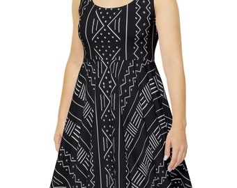 Mudcloth Inpired Black and White Women's Skater Dress | African Print Dress