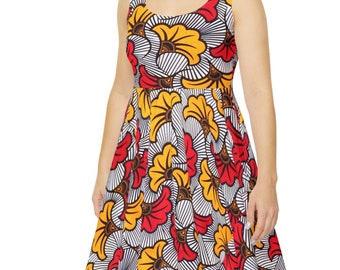 Ankara Flower Red Yellow Black Print Women's Skater Dress