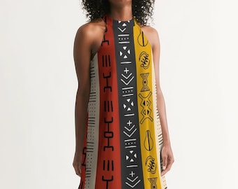 African Adinkra Symbols Halter Dress |  Adinkra Patterns Dress | Ankara Dress | African Dress | Afrocentric Dress