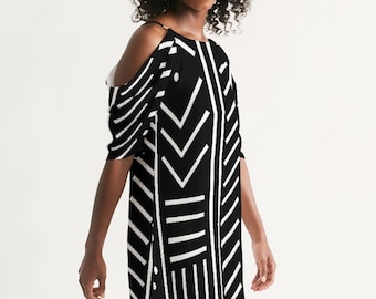 Women's Open Shoulder A-Line Dress Mud cloth Inspired | African Print Dress | Open Shoulder Dress