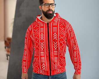Red and White Mudcloth Unisex Zip Hoodie  | Afrocentric Hoodie | African Zip Hoodie | Black Owned Business | The Power Of Love Clothing