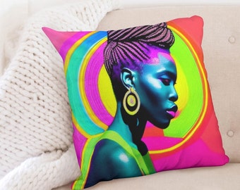 Afro Woman Neon Throw Pillow Case 20"x20"