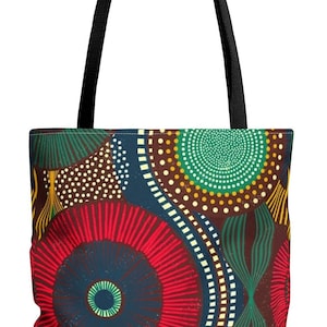 May include: A brown, green, red, blue, and yellow tote bag with a geometric pattern of circles and lines.