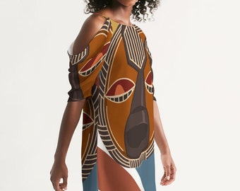 Geometric Mask Women's Open Shoulder A-Line Dress | Afrocentric Dress