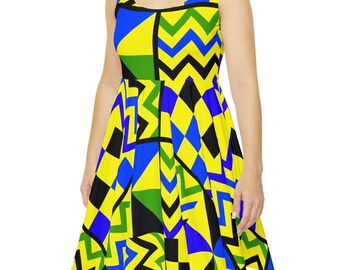 Kente Blue and Yellow Print Women's Skater Dress | African Print Dress