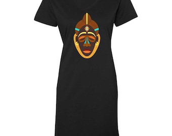 African Mask 1 V-Neck T-Shirt Dress