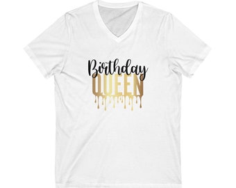 Birthday Queen White Unisex Jersey Short Sleeve V-Neck Tee