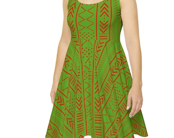 Mudcloth Inspired Print Green and Red Women's Skater Dress | African Print Dress