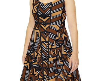 Mudcloth Inspired Brown Women's Skater Dress | African Print Dress