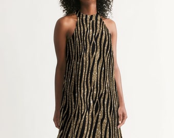 Animal Print Gold and Black Halter Dress | Gold Glitter Dress