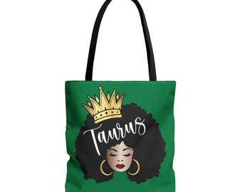 Taurus Queen Crown Tote Bag, Taurus Afro Queen green Tote Bag