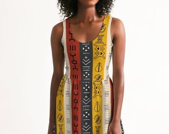 African Print Scoop Neck Skater Dress | Adinkra Patterns Dress | Ankara Dress | Women's Scoop Neck Skater Dress