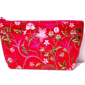 Kosmetiktasche Seide Millefiori Pink bestickte Dupionseide Schminktasche Utensilo Mehrzwecktäschchen Clutch Etuitasche Stickerei