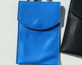 Handytasche Azur Blau echt Leder Etui, Ledertasche, Etuitasche, Brustbeutel, Handyhülle, Telefonhülle