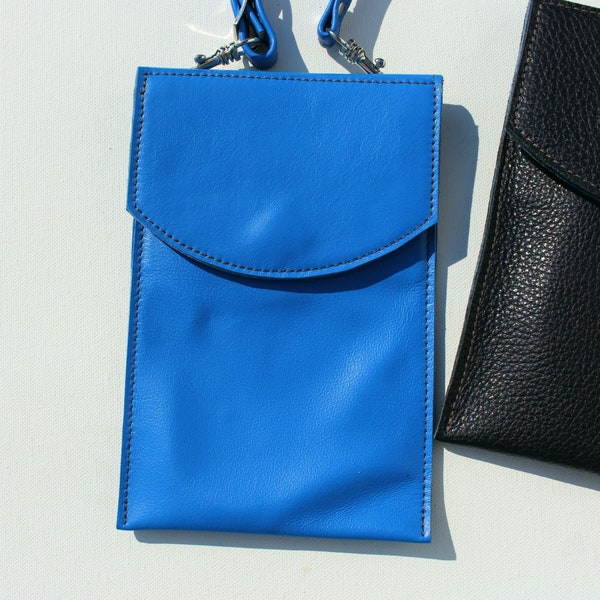 Handytasche Azur Blau echt Leder Etui, Ledertasche, Etuitasche, Brustbeutel, Handyhülle, Telefonhülle