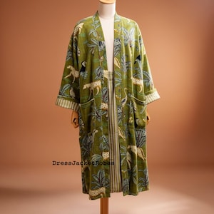 Grün Samt Baumwolle Kimono Robe Jacken Morgenmantel,Hochzeit Robe Brautjungfer Winter Bademantel Frauen Männer Geschenk Wendejacke Kantha Mantel
