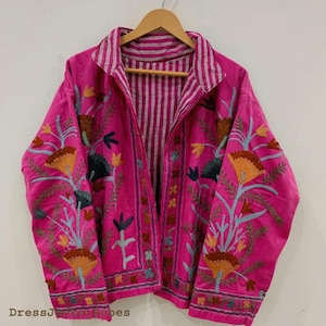 Zielone haftowane kwiatowe kurtki z aksamitną podszewką z bawełny w stylu boho Zimowy płaszcz w stylu streetwear Bomberka w stylu boho Dwustronna kurtka damska modna Dark Pink