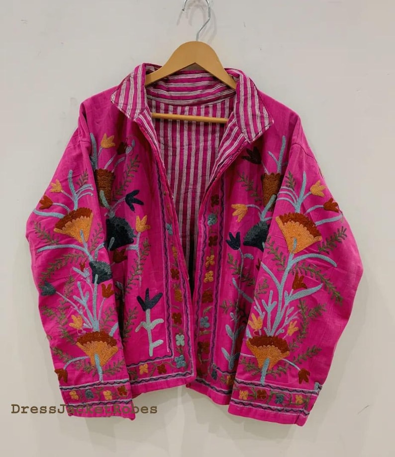 Zielone haftowane kwiatowe kurtki z aksamitną podszewką z bawełny w stylu boho Zimowy płaszcz w stylu streetwear Bomberka w stylu boho Dwustronna kurtka damska modna Dark Pink