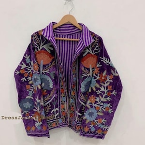 Zielone haftowane kwiatowe kurtki z aksamitną podszewką z bawełny w stylu boho Zimowy płaszcz w stylu streetwear Bomberka w stylu boho Dwustronna kurtka damska modna Purpurowy