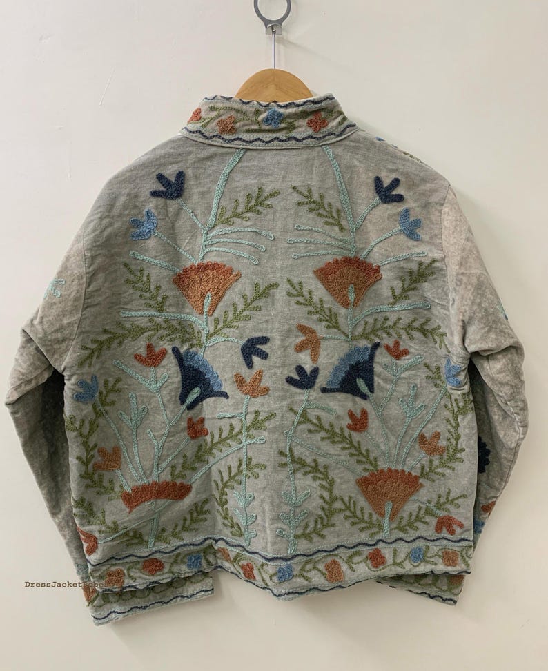 Zielone haftowane kwiatowe kurtki z aksamitną podszewką z bawełny w stylu boho Zimowy płaszcz w stylu streetwear Bomberka w stylu boho Dwustronna kurtka damska modna zdjęcie 6