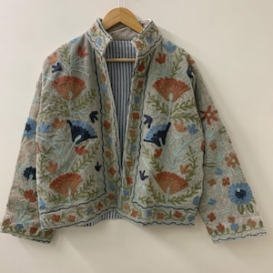 Zielone haftowane kwiatowe kurtki z aksamitną podszewką z bawełny w stylu boho Zimowy płaszcz w stylu streetwear Bomberka w stylu boho Dwustronna kurtka damska modna Szary
