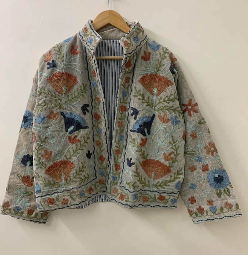 Zielone haftowane kwiatowe kurtki z aksamitną podszewką z bawełny w stylu boho Zimowy płaszcz w stylu streetwear Bomberka w stylu boho Dwustronna kurtka damska modna Szary