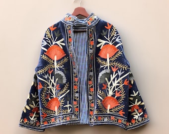 Niebieskie haftowane kwiatowe kurtki z aksamitną podszewką z bawełny w stylu boho Zimowy płaszcz w stylu streetwear Bomberka w stylu boho Dwustronna kurtka damska modna