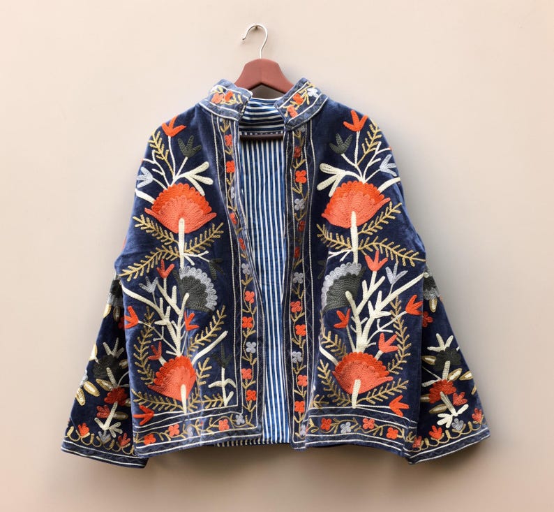 Zielone haftowane kwiatowe kurtki z aksamitną podszewką z bawełny w stylu boho Zimowy płaszcz w stylu streetwear Bomberka w stylu boho Dwustronna kurtka damska modna Niebieski