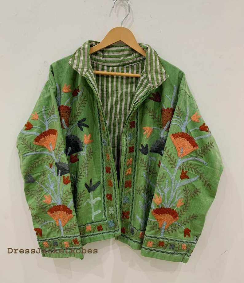 Zielone haftowane kwiatowe kurtki z aksamitną podszewką z bawełny w stylu boho Zimowy płaszcz w stylu streetwear Bomberka w stylu boho Dwustronna kurtka damska modna Light Green