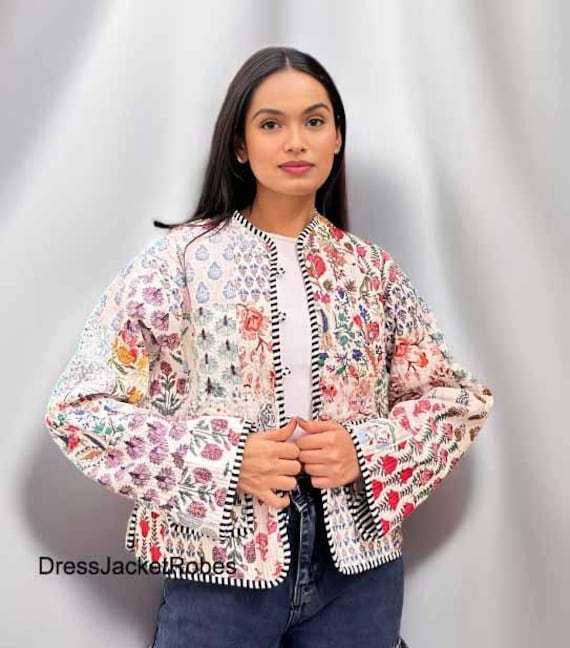 White Patchwork Quilted Jacket Cotton reversible fashion jacket coat Floral kantha women girls jacket winter summer bohemian bridesmaid gift