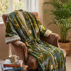 Green velvet cotton Kimono Robe Jackets Dressing Gown,wedding robe Bridesmaid winter bathrobe  women men gift reversible jacket Kantha coat