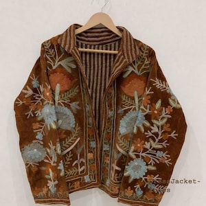 Zielone haftowane kwiatowe kurtki z aksamitną podszewką z bawełny w stylu boho Zimowy płaszcz w stylu streetwear Bomberka w stylu boho Dwustronna kurtka damska modna Brązowy