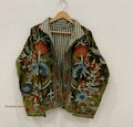 Green Embroidery floral Jackets Velvet inner Cotton Bohemian Style Winter Coat Street wear Bomber Boho Reversible Jacket for Women fashion