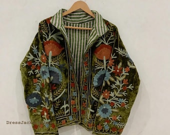 Chaqueta verde bordada con flores, interior de terciopelo y algodón, estilo boho, abrigo de invierno, ropa urbana, bomber, chaqueta reversible boho para mujer.