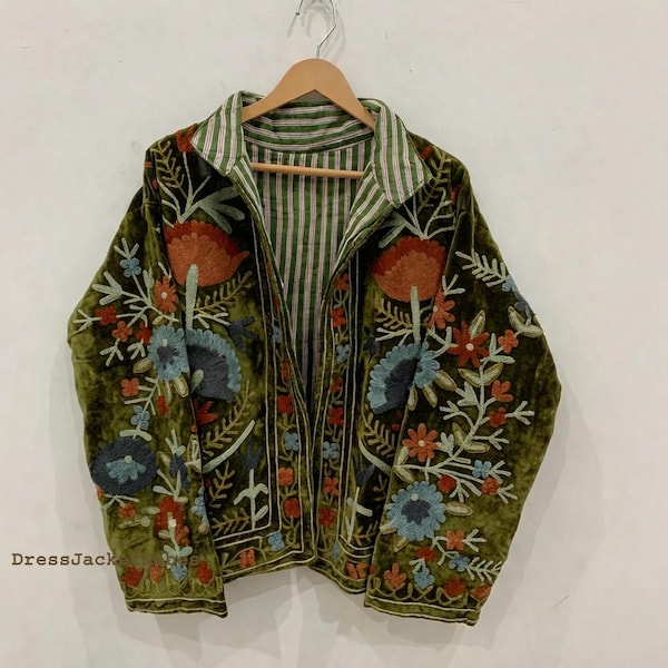 Green Embroidery floral Jackets Velvet inner Cotton Bohemian Style Winter Coat Street wear Bomber Boho Reversible Jacket for Women fashion