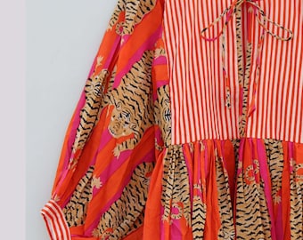Abito midi Kyra con stampa floreale a strisce e tigre estiva da donna, miniabito, abito primaverile in morbido cotone, abito da sposa con scollo profondo e spalline sottili.