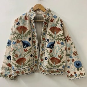 Zielone haftowane kwiatowe kurtki z aksamitną podszewką z bawełny w stylu boho Zimowy płaszcz w stylu streetwear Bomberka w stylu boho Dwustronna kurtka damska modna Beż