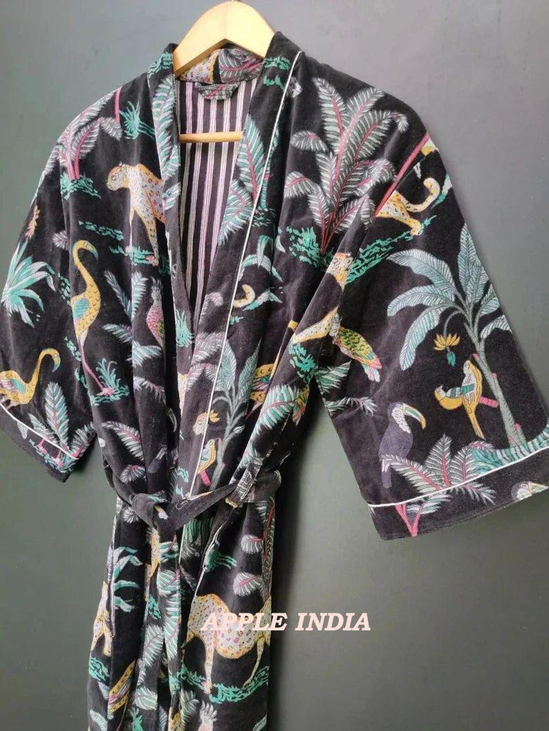Green velvet cotton Kimono Robe Jackets Dressing Gown,wedding robe Bridesmaid winter bathrobe women men gift reversible jacket Kantha coat