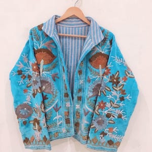 Green Embroidery floral Jackets Velvet inner Cotton Bohemian Style Winter Coat Street wear Bomber Boho Reversible Jacket for Women fashion Turquoise/Aqua