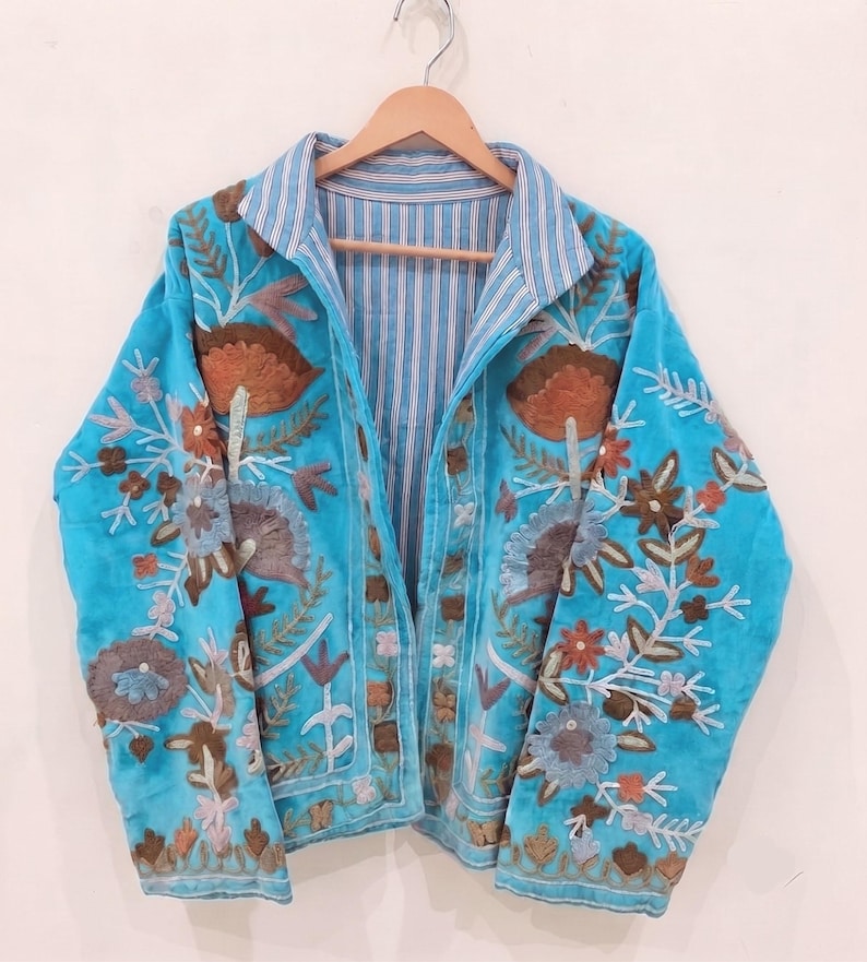 Green Embroidery floral Jackets Velvet inner Cotton Bohemian Style Winter Coat Street wear Bomber Boho Reversible Jacket for Women fashion Turquoise/Aqua
