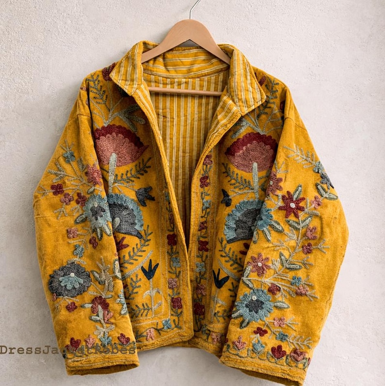 Zielone haftowane kwiatowe kurtki z aksamitną podszewką z bawełny w stylu boho Zimowy płaszcz w stylu streetwear Bomberka w stylu boho Dwustronna kurtka damska modna Mustard