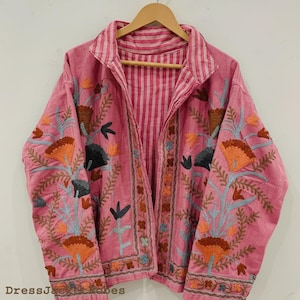 Zielone haftowane kwiatowe kurtki z aksamitną podszewką z bawełny w stylu boho Zimowy płaszcz w stylu streetwear Bomberka w stylu boho Dwustronna kurtka damska modna light Pink