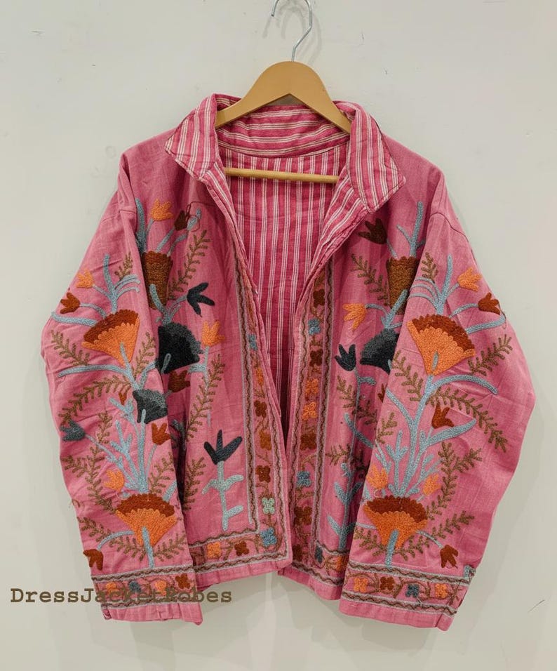 Zielone haftowane kwiatowe kurtki z aksamitną podszewką z bawełny w stylu boho Zimowy płaszcz w stylu streetwear Bomberka w stylu boho Dwustronna kurtka damska modna light Pink