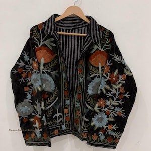 Zielone haftowane kwiatowe kurtki z aksamitną podszewką z bawełny w stylu boho Zimowy płaszcz w stylu streetwear Bomberka w stylu boho Dwustronna kurtka damska modna Czarny