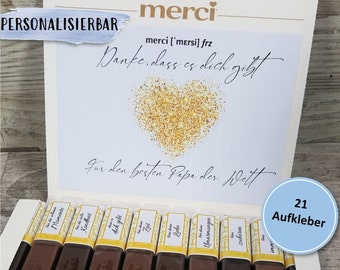 Aufkleber Set für merci Schokolade Vater Geschenk Geburtstag  | Geburtstagsgeschenk Vatertagsgeschenk Danke Personalisiert Selbstklebend