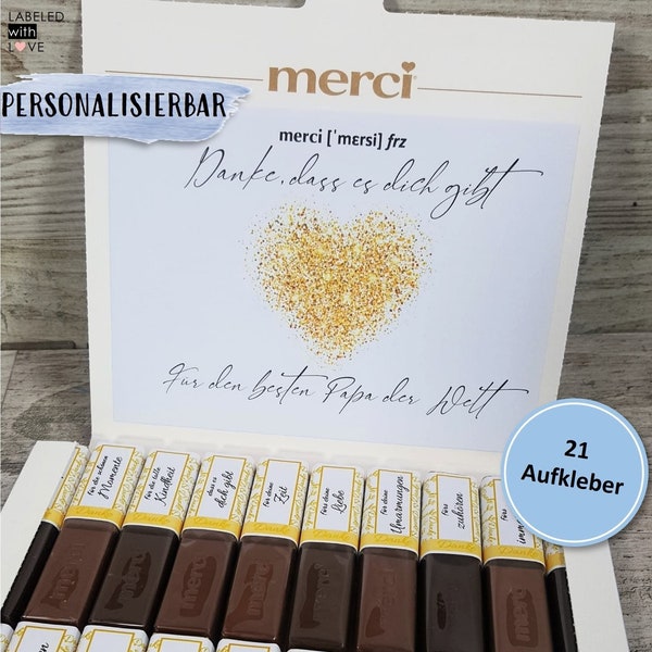 Aufkleber Set für merci Schokolade Vater Geschenk Geburtstag  | Geburtstagsgeschenk Vatertagsgeschenk Danke Personalisiert Selbstklebend