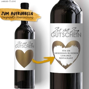 Rubbellos | Zeit statt Zeug Gutschein | Personalisiertes Wein Flaschen Etikett | Weihnachten Geburtstag Valentinstag Geschenk Freundin Ihn