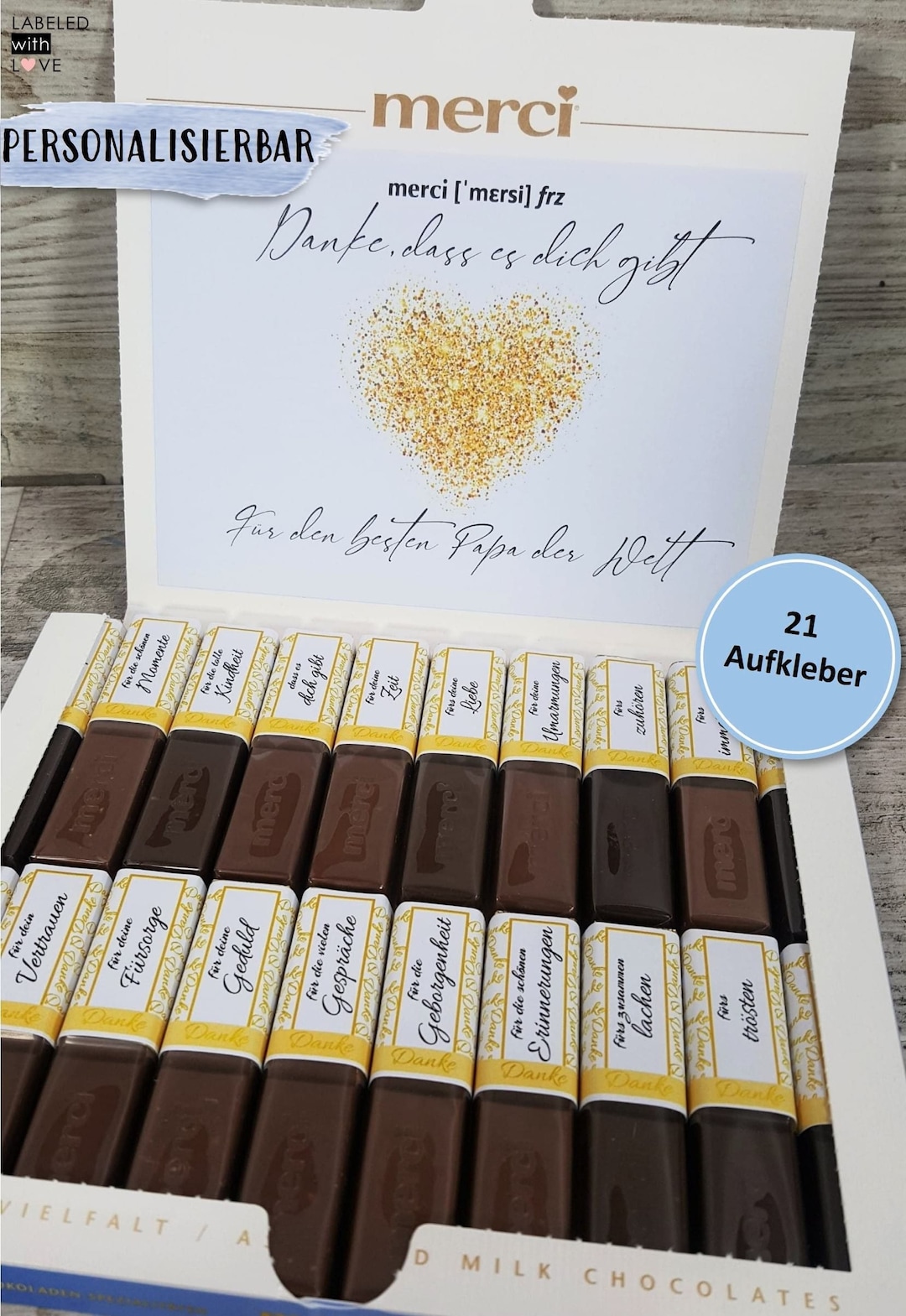 Aufkleber Set für merci Schokolade Vater Geschenk Geburtstag