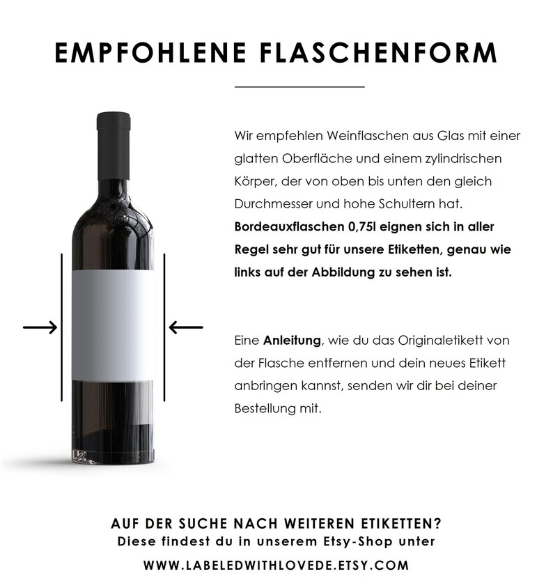 May include: A red wine bottle with a white label. The text on the image reads "EMPFOHLENE FLASCHENFORM" and includes instructions for applying labels to wine bottles. The text also includes the website "WWW.LABELEDWITHLOVEDE.ETSY.COM".